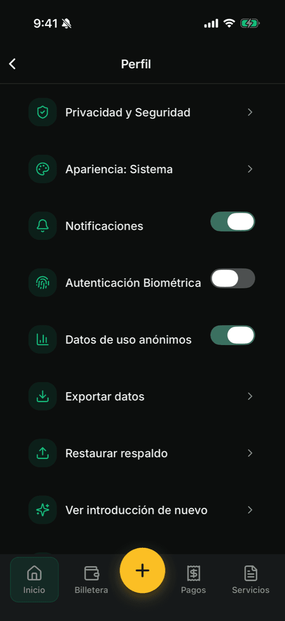 Conomi — ajustes de privacidad: bloqueo biométrico, exportar datos y restaurar respaldo