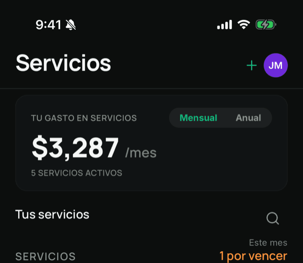 Conomi en Android — tu gasto en servicios: $3,287 al mes, 5 servicios activos, con vista mensual o anual